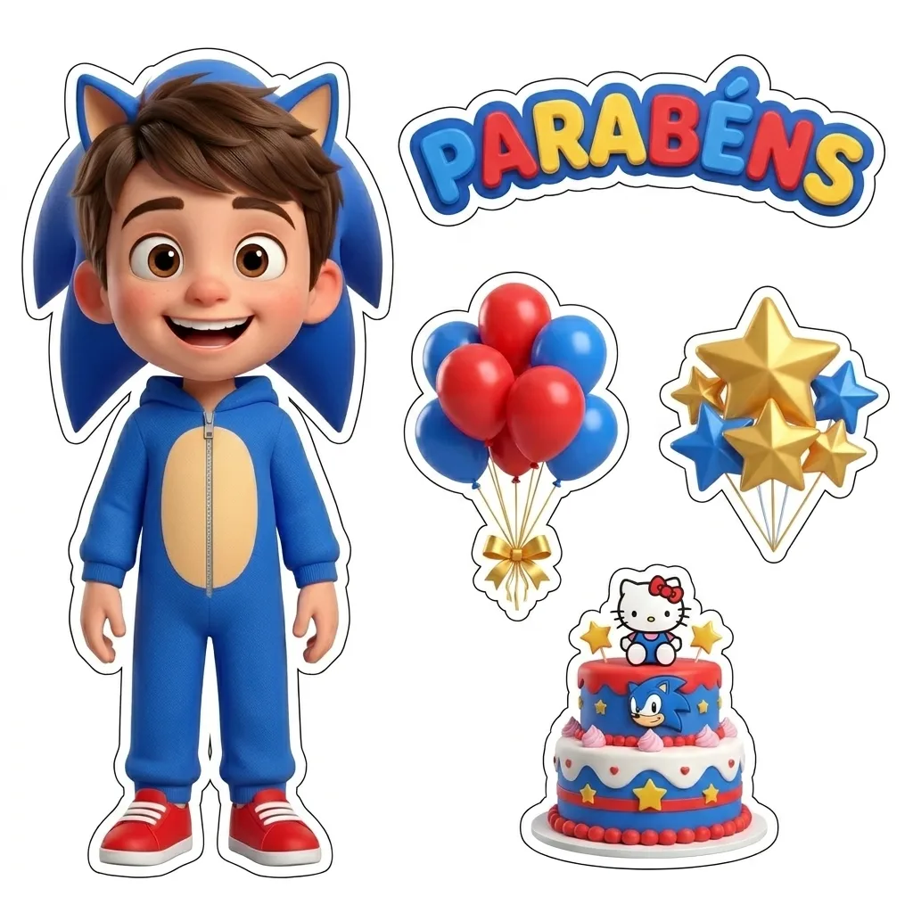 Resultado impressionante de antes e depois da transformação da criança para personagem 3D de festa