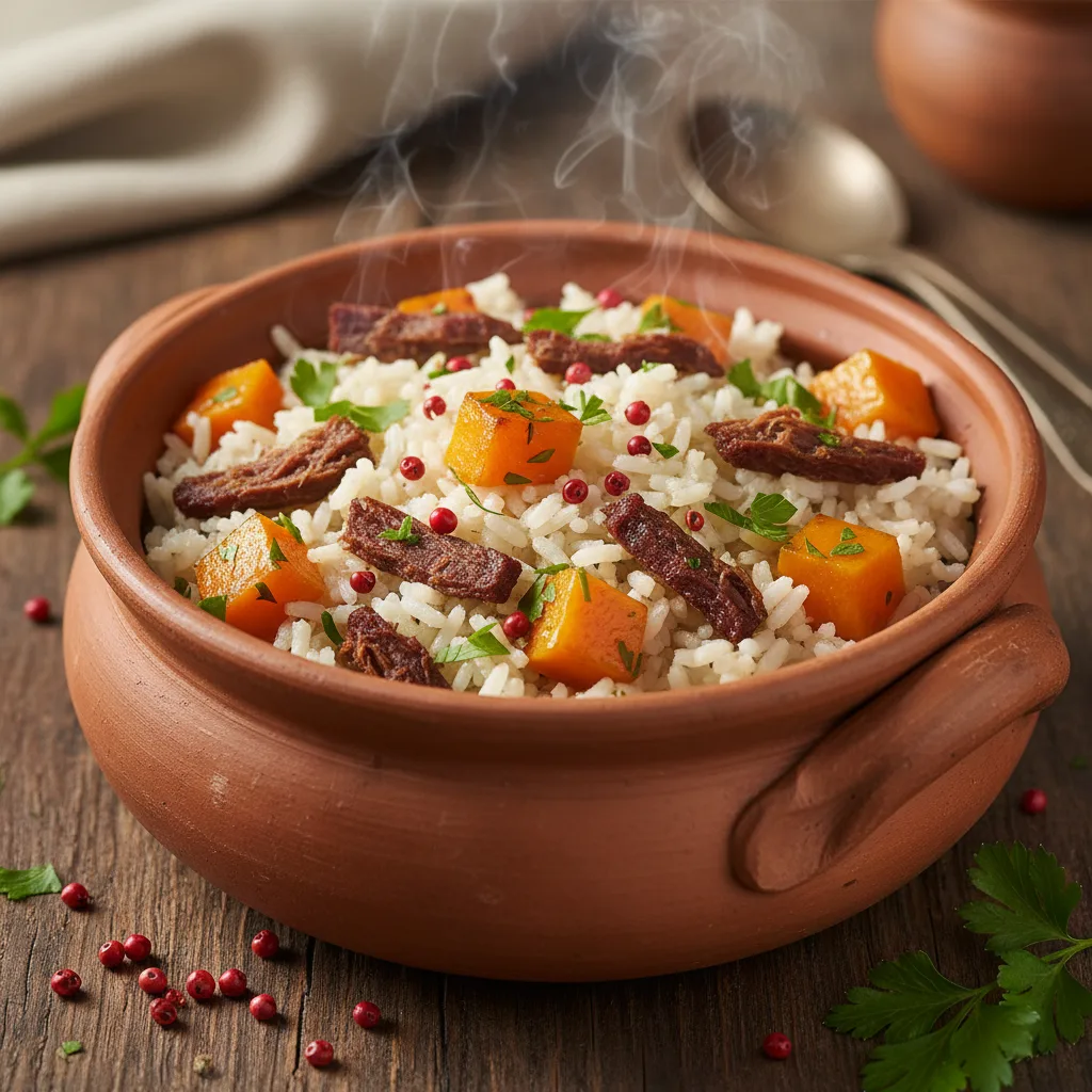 Arroz de Carne Seca com Abóbora e Pimenta Rosa