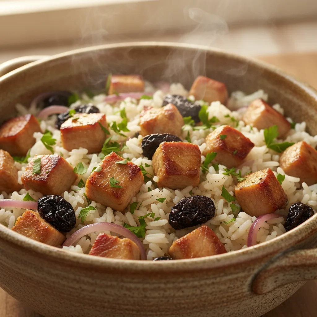 Arroz de Lombo com Ameixa e Cebola Roxa: Agridoce e Prático