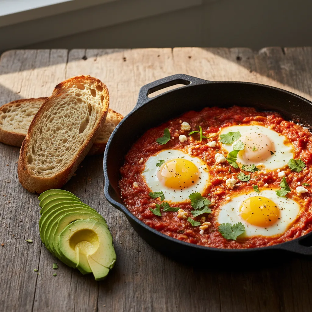 Café da Manhã de Hotel em Casa: Ovos Shakshuka com Avocado e Sourdough
