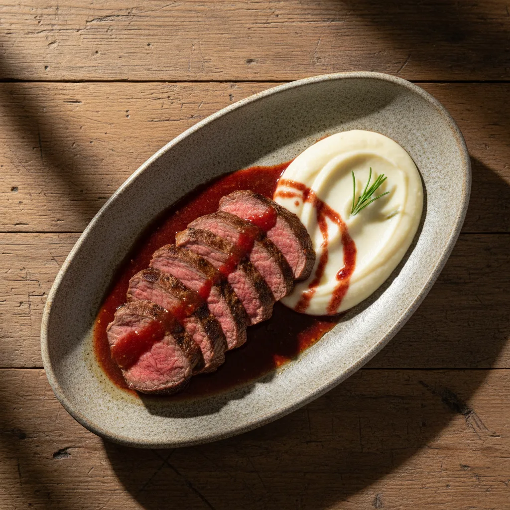 Carne Assada Suculenta com Molho de Acerola e Purê de Inhame