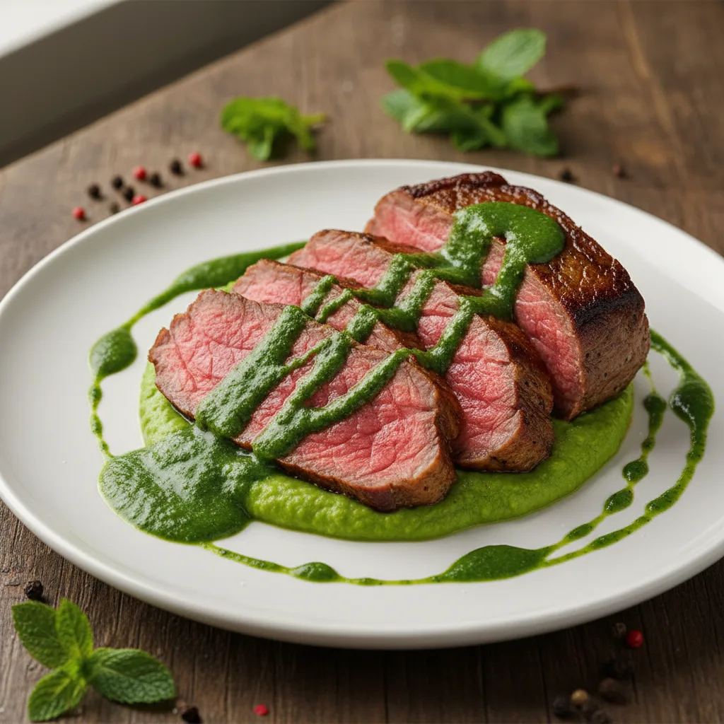 Carne Assada com Molho de Hortelã e Purê de Ervilha: Uma Explosão de Sabores