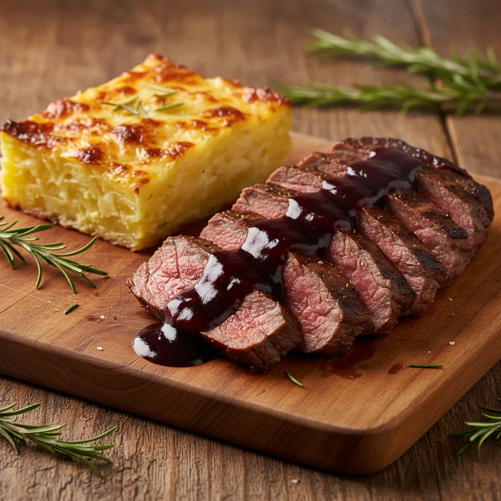 Carne Assada com Molho de Jabuticaba e Batata Gratinada