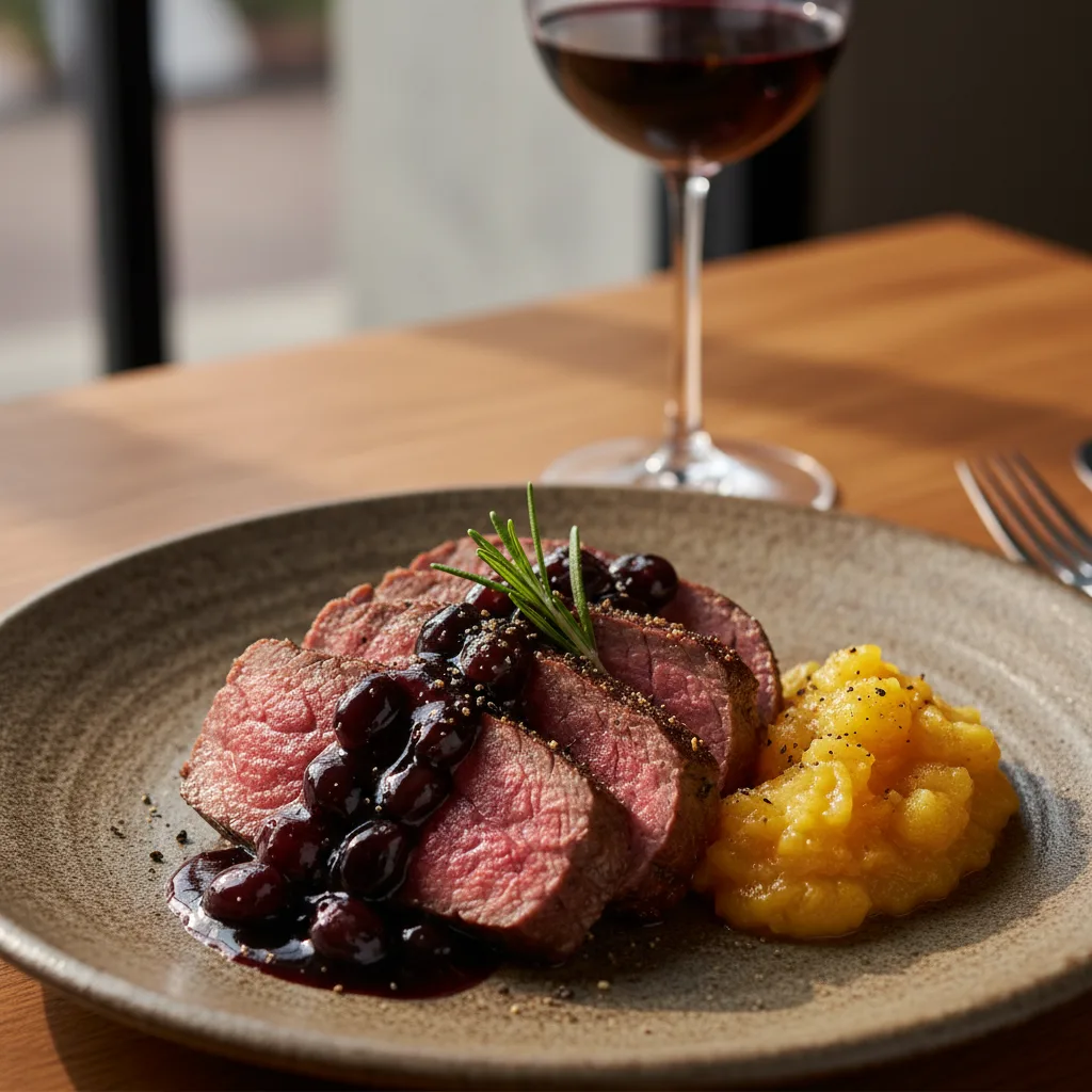 Carne Assada com Molho de Uva e Purê de Abacaxi