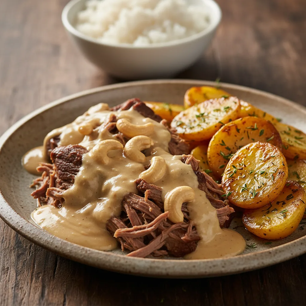 Carne de Panela com Molho de Caju e Batata Rodela