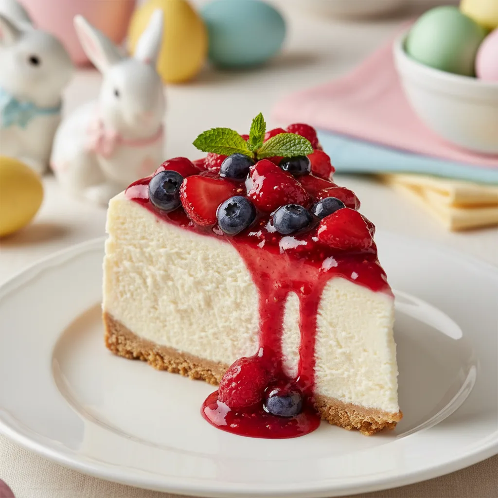 Cheesecake de Páscoa com Calda de Frutas Vermelhas