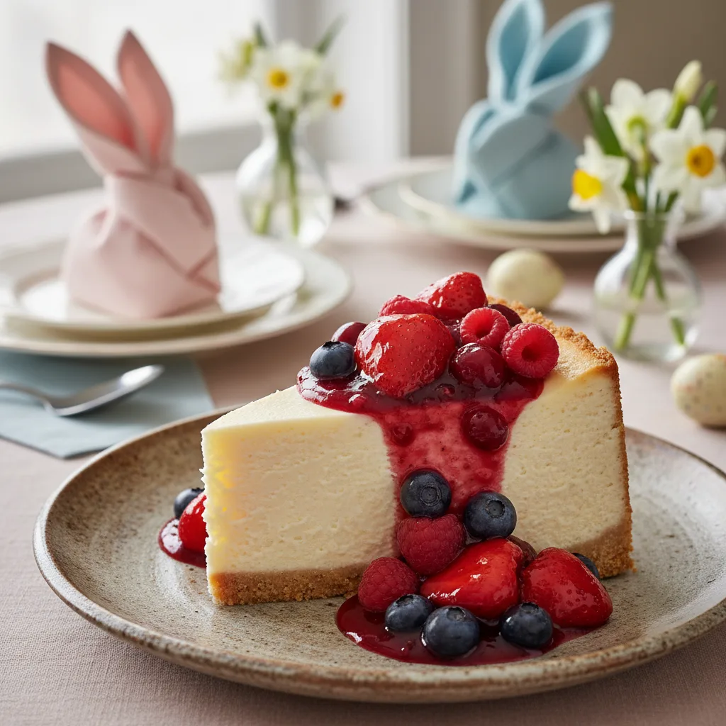 Cheesecake de Páscoa com Frutas Vermelhas e Calda Rústica