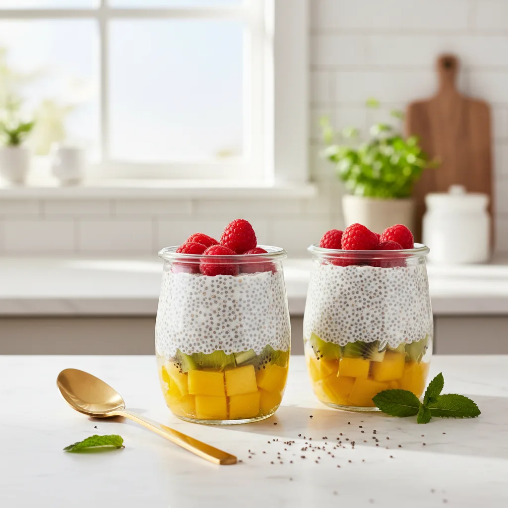 Chia Pudding Tropical com Manga, Kiwi e Framboesa