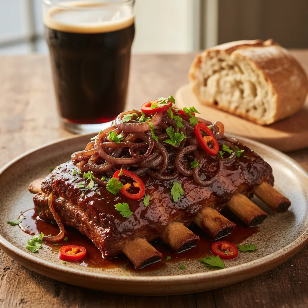 Costela Bovina com Molho de Cerveja e Cebola Caramelizada