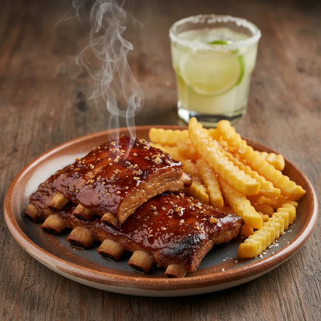 Costela Suína com Molho de Cachaça e Batata Frita