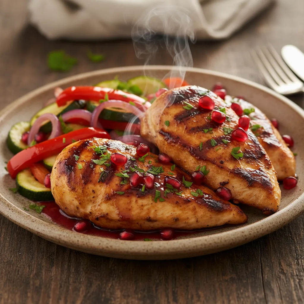 Filé de Frango ao Molho de Romã com Legumes Salteados