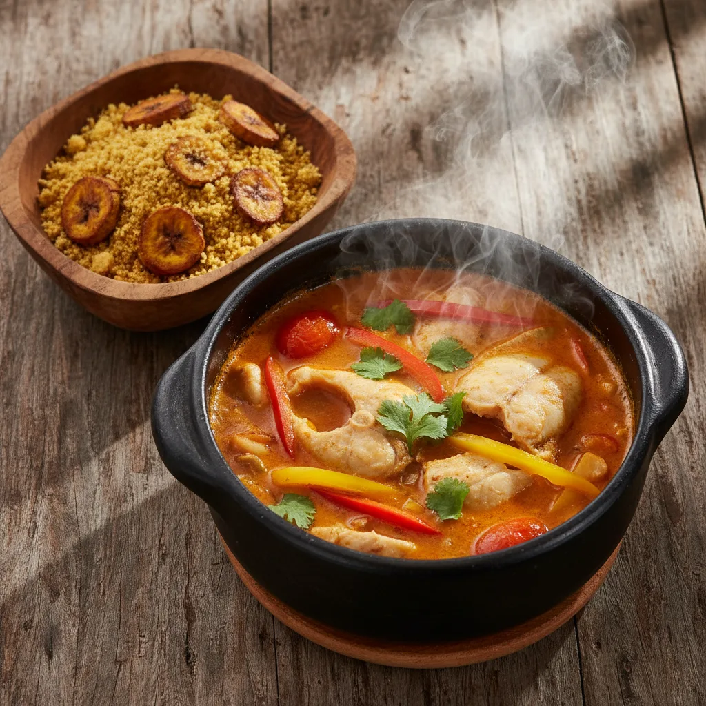 Moqueca de Arraia com Farofa de Banana Grelhada
