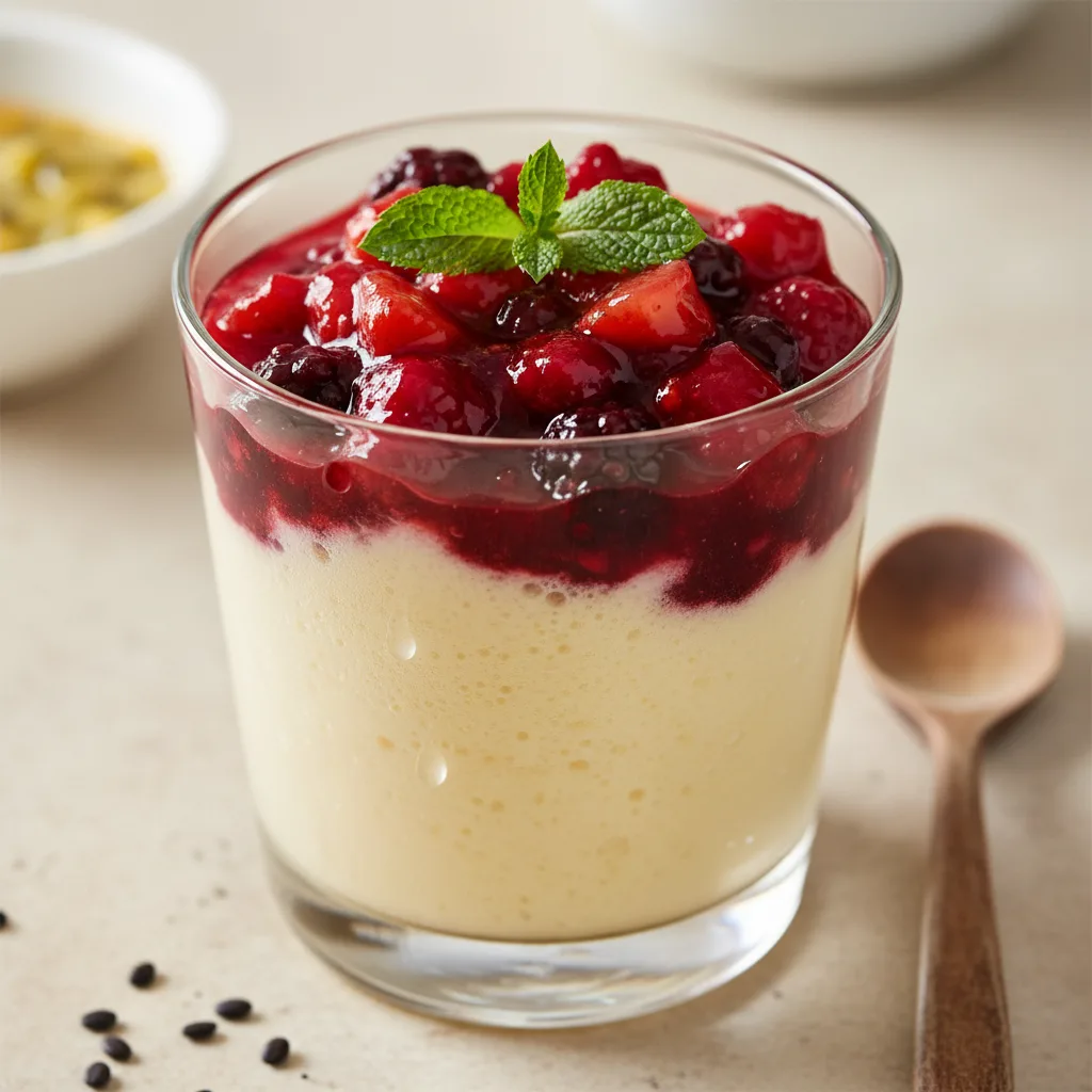 Mousse de Maracujá Cremoso com Calda de Frutas Vermelhas