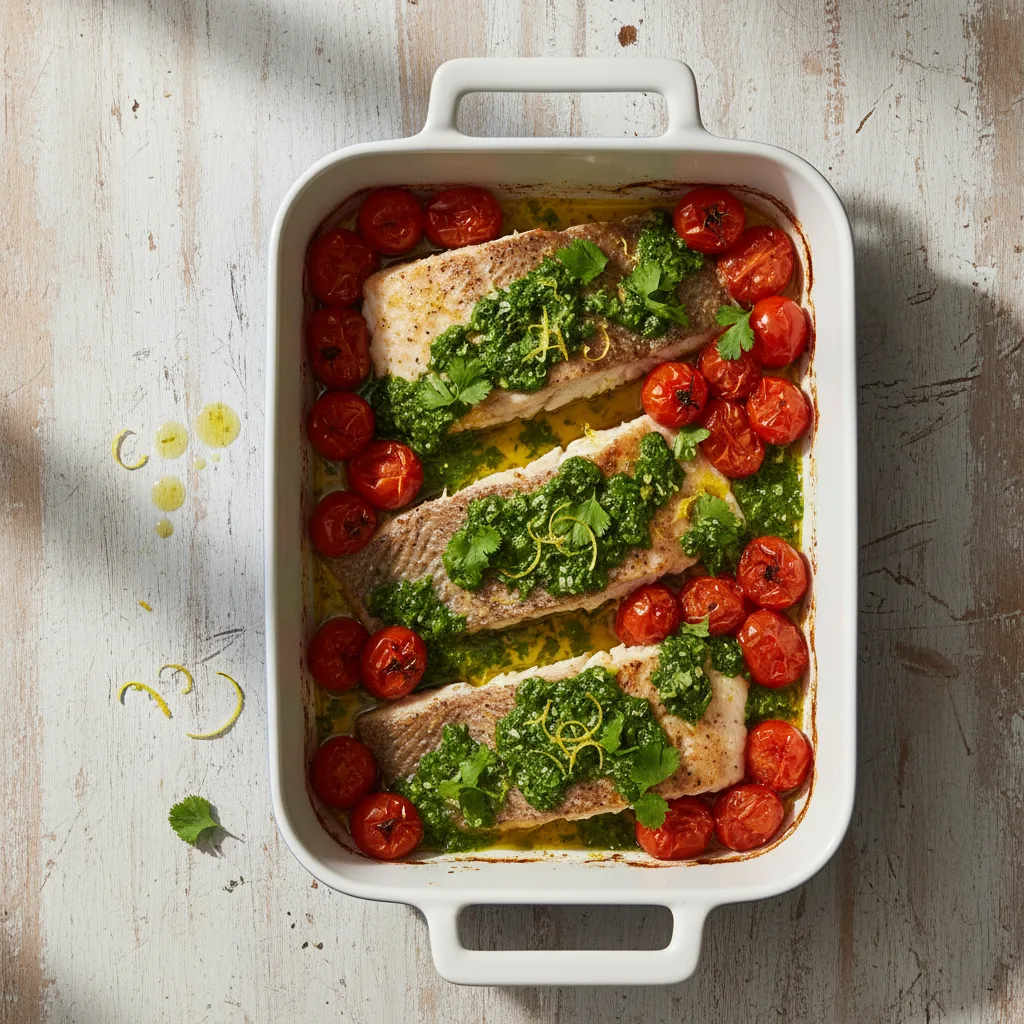 Peixe Assado com Molho de Ervas e Tomate Cereja