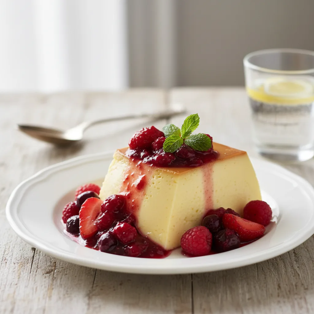 Pudim de Baunilha Cremoso com Calda de Frutas Vermelhas