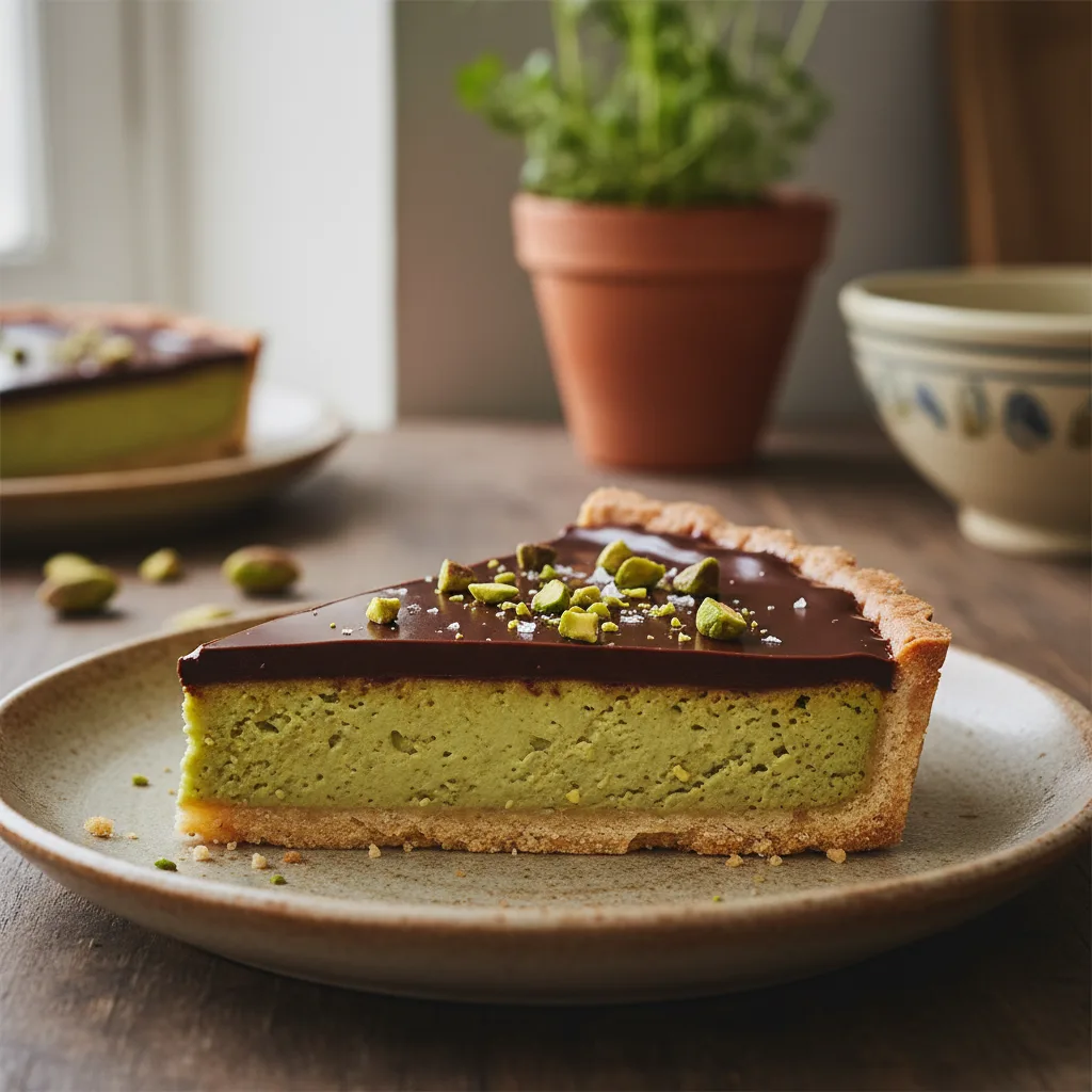Torta de Pistache com Calda de Chocolate Amargo